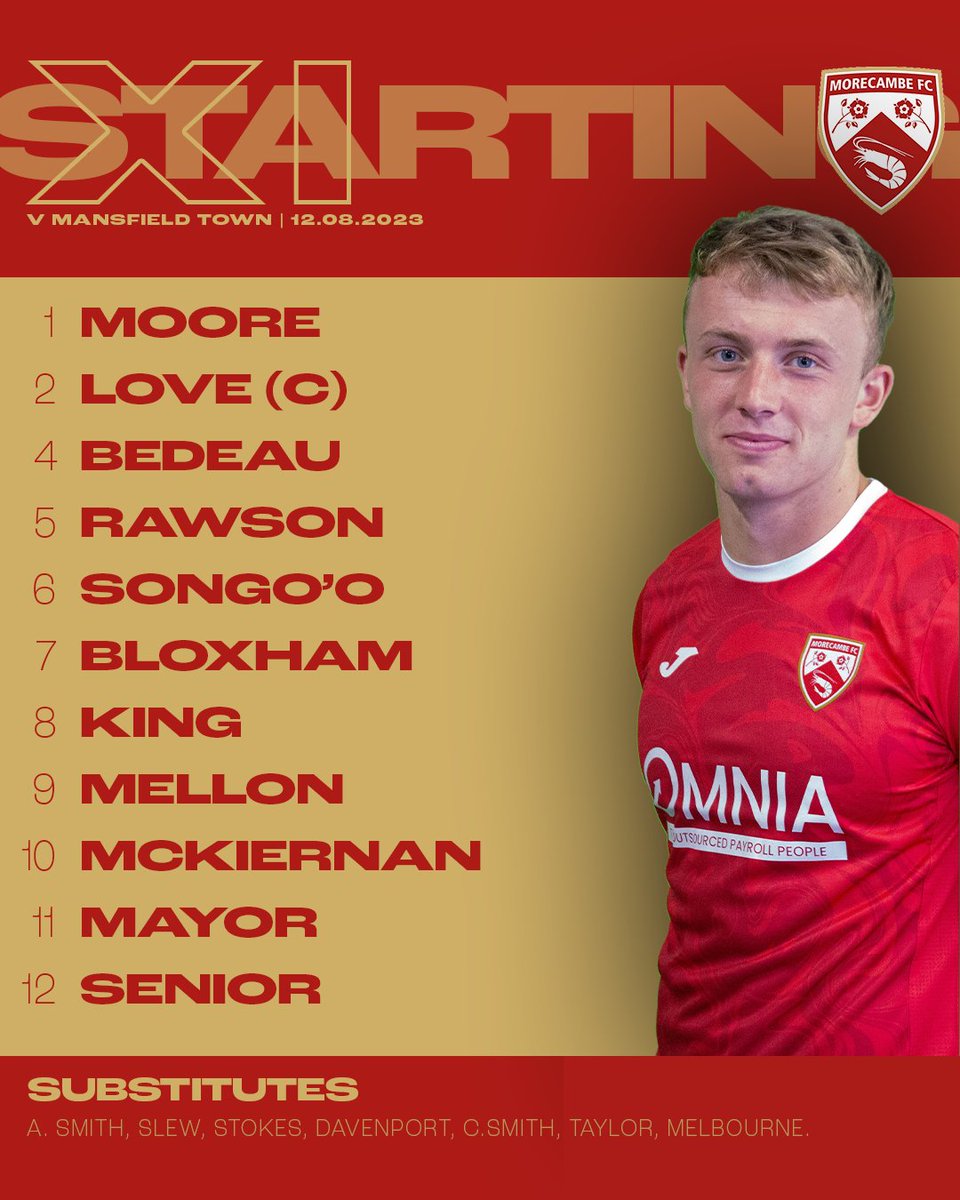 MorecambeFC's tweet photo. 📋 Here's how we line up to face @MansfieldTownFC this afternoon.

#UTS 🦐 | #MANvMOR https://t.co/UU0qzcog59