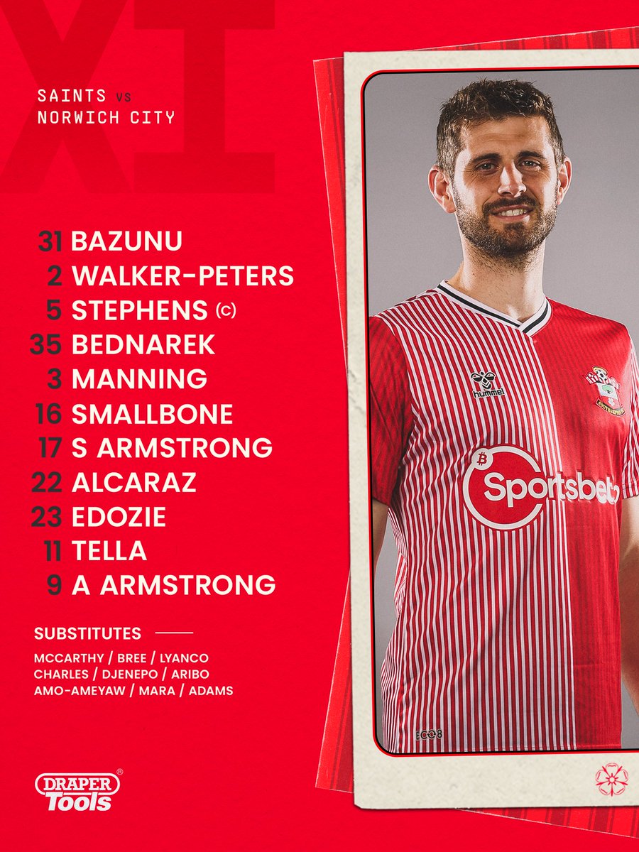 SouthamptonFC's tweet photo. ❤️ YOU SAINTS 🤍

Here’s today’s team as we take on #NCFC at St Mary’s! https://t.co/ULWF56l2Fm
