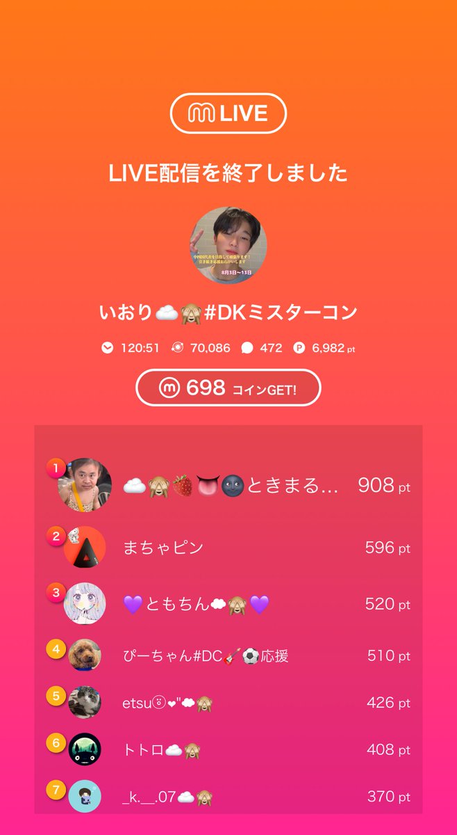 🎥:いおり☁️🙈#DKミスターコンのライブ配信
今日のミクチャライブ
見に来てくれてありがとう！
次の配信もぜひ来てね！
mixch.tv/u/17604811