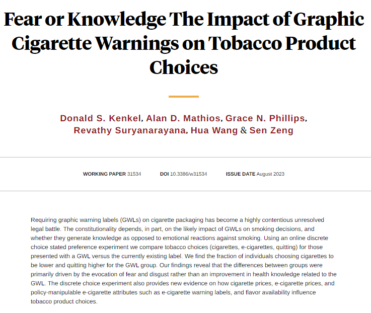 NBER (@nberpubs) on Twitter photo An online discrete choice experiment studies the impact of graphic warning labels on tobacco product choices, from Donald S. Kenkel, <a href="/Adm5Alan/">alan mathios</a>, <a href="/Grace_Nettie/">Grace N. Phillips</a>, Revathy Suryanarayana, Hua Wang, and Sen Zeng nber.org/papers/w31534 An online discrete choice experiment studies the impact of graphic warning labels on tobacco product choices, from Donald S. Kenkel, <a href="/Adm5Alan/">alan mathios</a>, <a href="/Grace_Nettie/">Grace N. Phillips</a>, Revathy Suryanarayana, Hua Wang, and Sen Zeng nber.org/papers/w31534