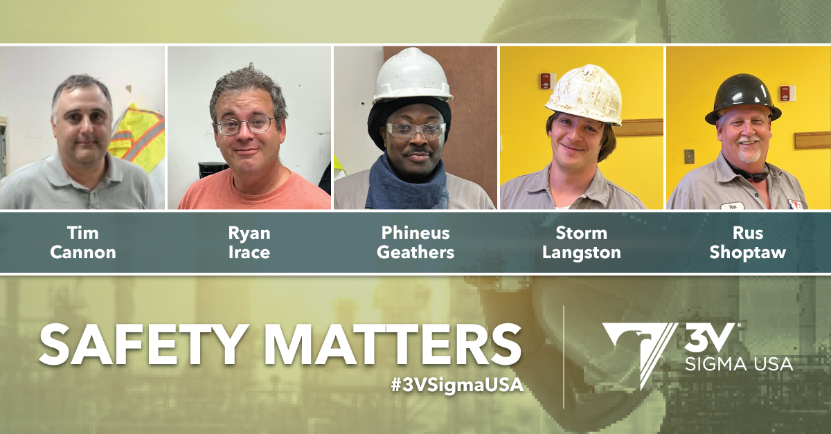 SAFETY MATTERS! Help us recognize team members who consistently prioritize keeping 3V Sigma USA safe:

#safetymatters #3VSigmaUSA #chemicalmanufacturing #chemicalmanufacturing #teamwork