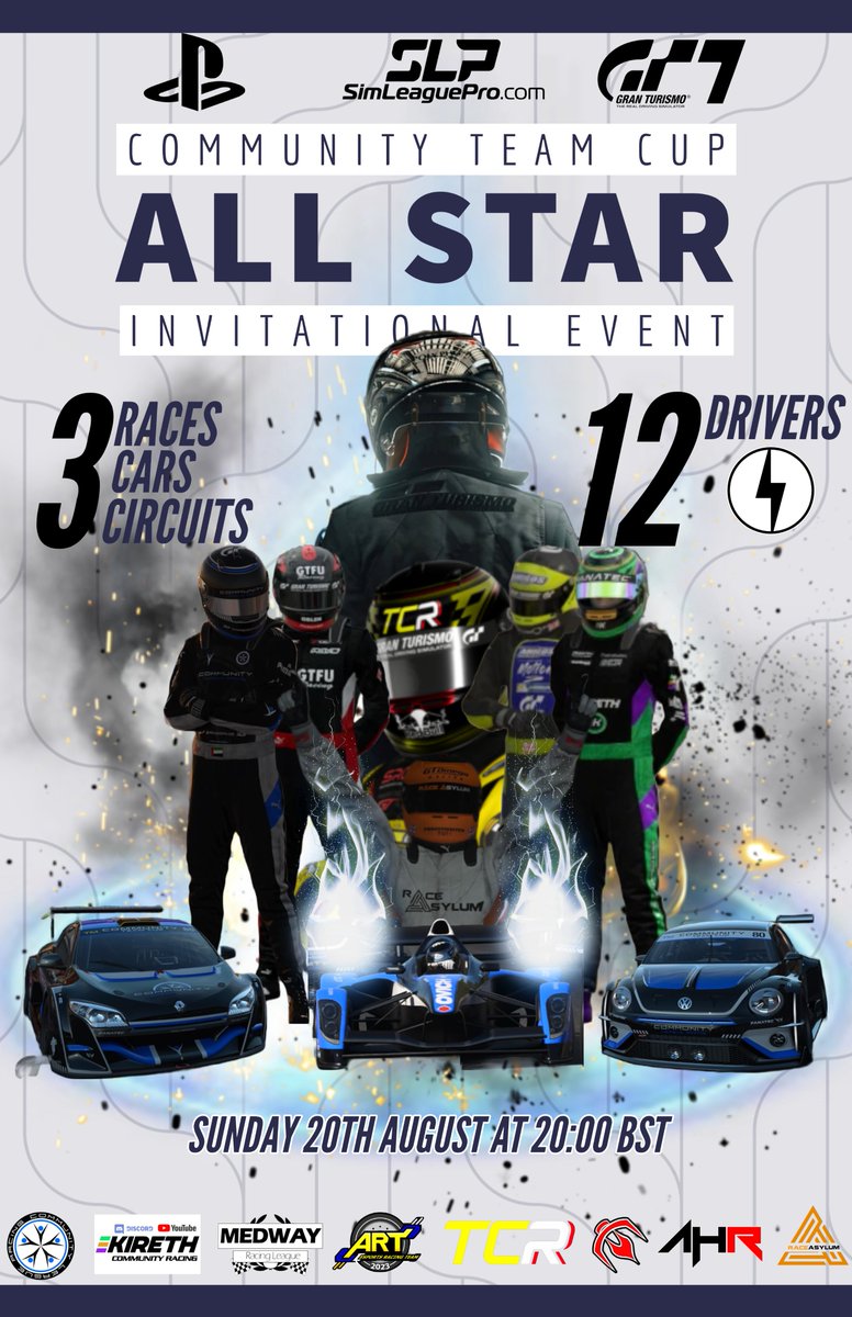 The_C_L_R's tweet photo. Get ready for the #CTC Allstar Event. 12 drivers, 3 races, 3 cars, 3 tracks. Live on https://t.co/puDPgvXOgr with comms next Sunday, 20th August 20:00 BST. Save the date! #gt7 #clr #slp https://t.co/AUXNgfpWql