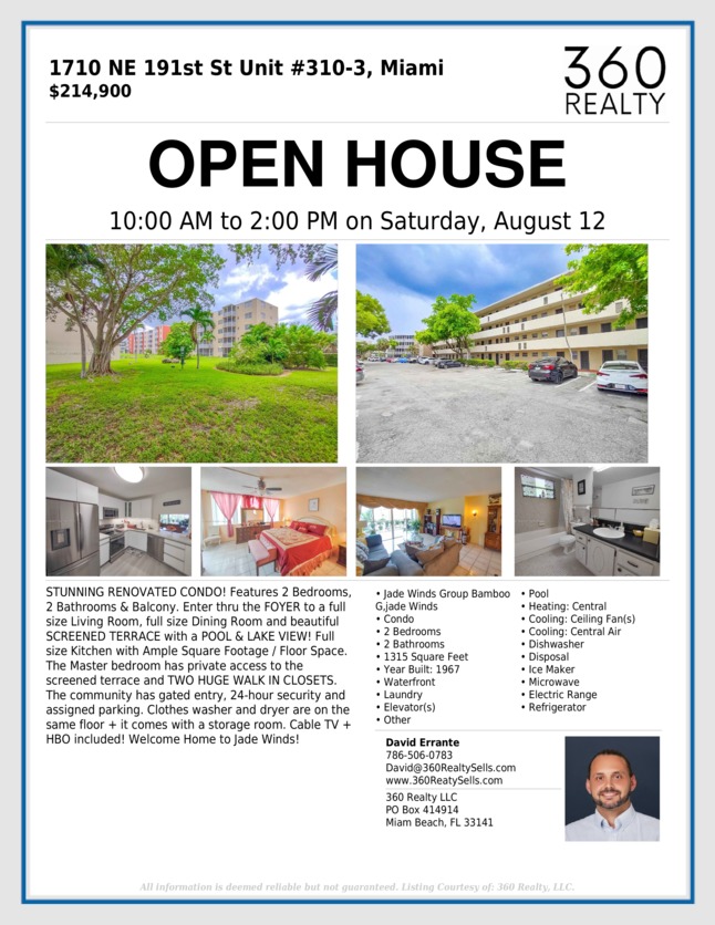 David_Sells_Mia's tweet photo. OPEN HOUSE: SATURDAY 10AM - 2PM
☀️🌴 MIAMI 🌴☀️
HUGE 2 BEDROOM 2 BATH CONDO
1,215 SW FT + BALCONY + STORAGE
SWIMMING POOLS + PARKING
FOR SALE $214,900 👀
1710 NE 191 ST #310
MIAMI FL 33179
👇👇👇👇👇
#miami #jadewinds #daviderrante #davidsellsmiami #360Realty #360RealtySells https://t.co/ohp1LF1SAQ