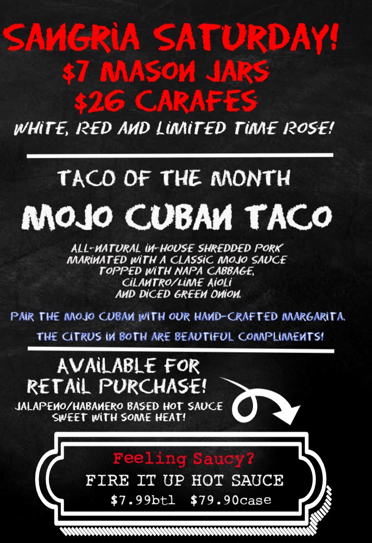 FireItUpTacos's tweet photo. #SangriaSaturday #redsangria #whitesangria #limitedtimetaco #MojoCubanTaco https://t.co/mkKiUz4vyM https://t.co/KblCJDEfyB