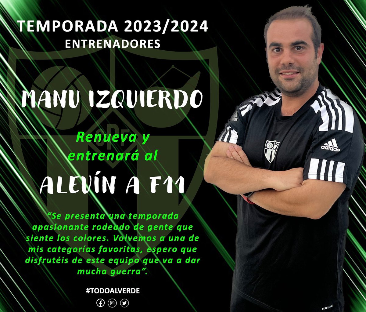 perisocf's tweet photo. 🤝🏻 RENOVADO

Manu Izquierdo, entrenador  del Infantil B la pasada temporada, renueva y entrenará al Alevín A F11 💪🏻 ¡que se preparen! 

Encantados de seguir contando con la definición de lo que es este club 

#TODOALVERDE💚🖤 https://t.co/zctz4rgKdX