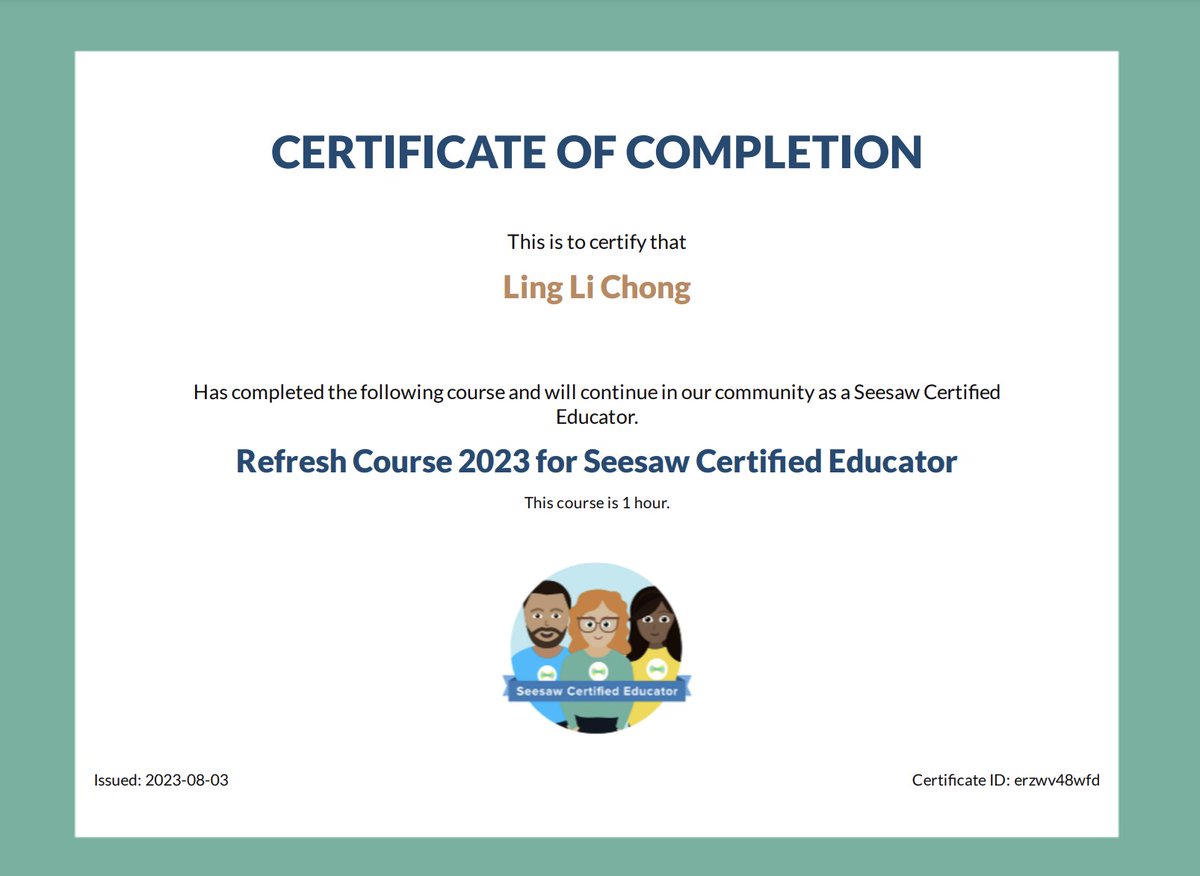 Completed the 'Refresh Course 2023 for Seesaw Certified Educator'. Thrilled to maintain as the certified educator! Thanks <a href="/Seesaw/">Seesaw</a> for another amazing year!