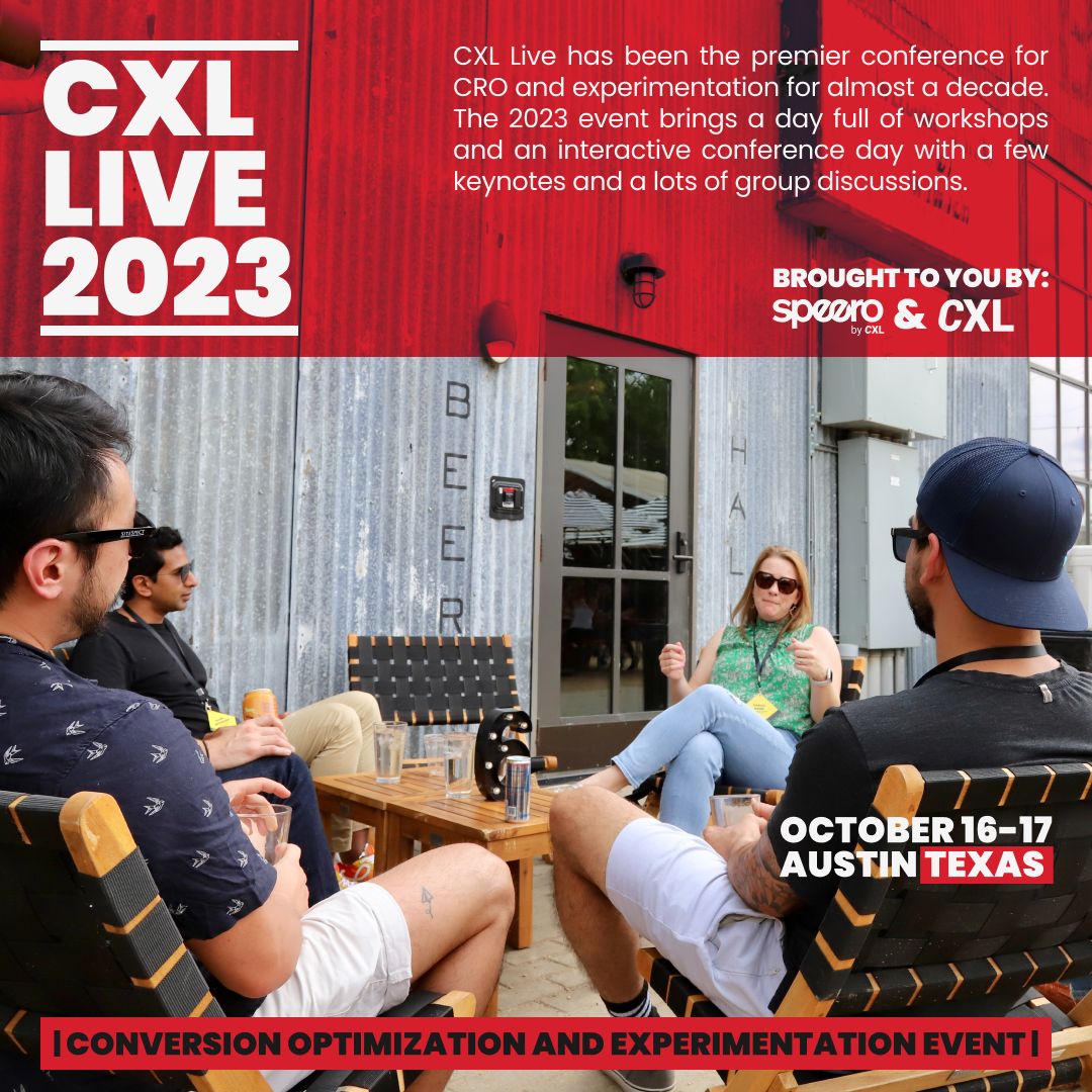 peeplaja's tweet photo. CXL Live is coming up! Oct 16-17 in Austin TX.

The event to be for conversion optimization and experimentation professionals. 

It's my favorite conference of all time. So much magic. 

2 days of insights and delightful networking in a relaxed atmosphere.

Come. Beers on me. https://t.co/LMQz9qCuMT