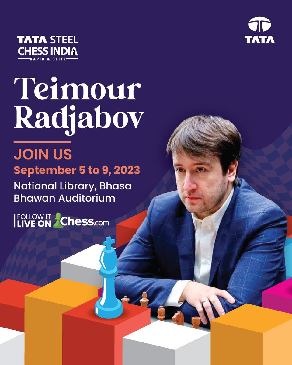 tschessindia's tweet photo. A New Challenger Enters the Arena!
Weβre thrilled to announce that Teimour Radjabov will be making his debut appearance at Tata Steel Chess India this year!
@rajachess
#TataSteelChessIndia #NewContender #TSCI2023 #chess #kolkata https://t.co/w628z6mjiD