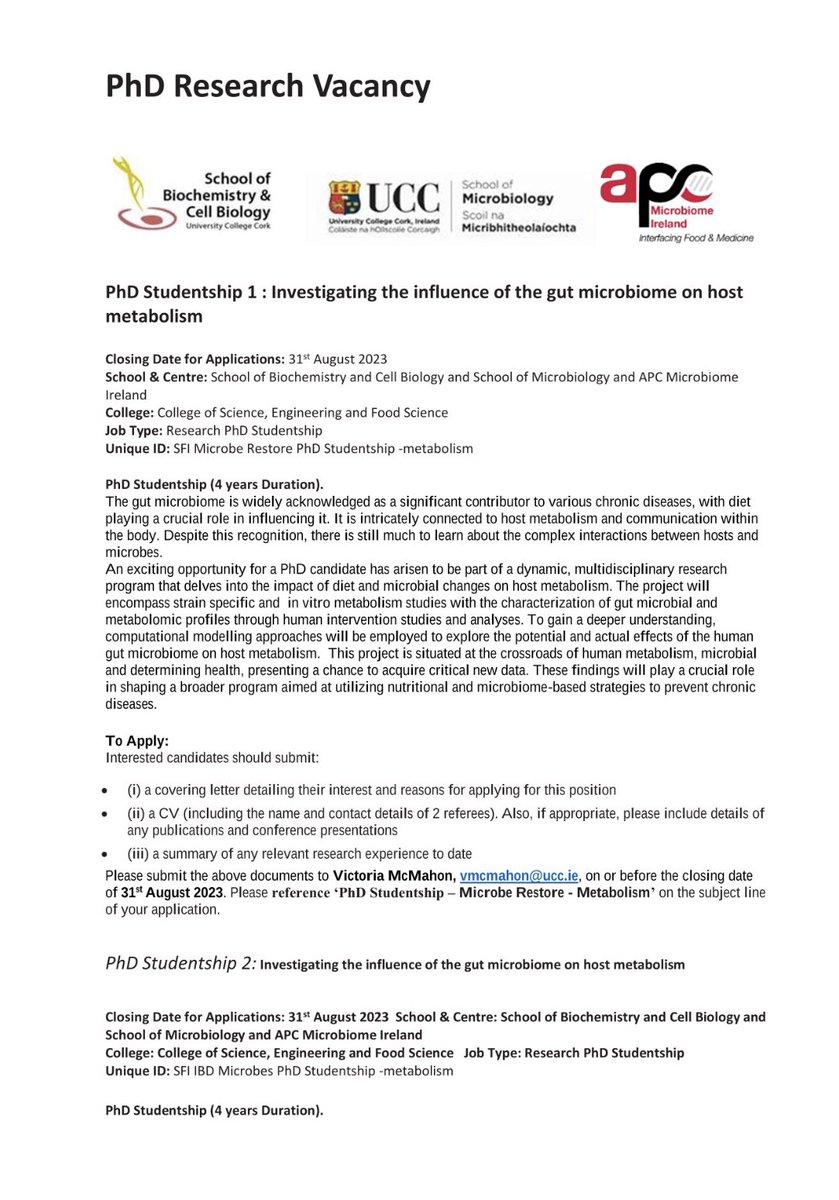 Mide_James's tweet photo. 1 PostDoc, 2 PhD and 1 MSc Funded Position available in microbial and host metabolism related research Ay the School of Biochemistry and Cell Biology, University College Cork, Ireland. https://t.co/K8eqqpAzae