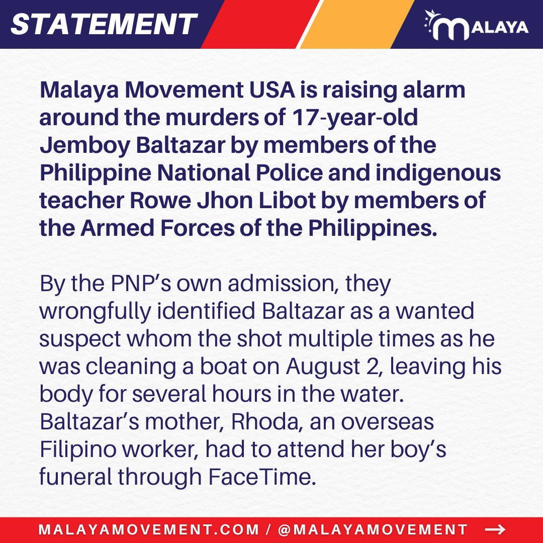 malaya_movement's tweet photo. #JusticeforJemboy #JusticeforRowe! Hold the PNP & AFP accountable! We raising alarm around the murders of 17-year-old Jemboy Baltazar by members of the PNP and indigenous teacher Rowe Jhon Libot by members of the AFP.
Read: https://t.co/0m60NaEmF8
#StopTheKillings https://t.co/cgnHaUEGvd