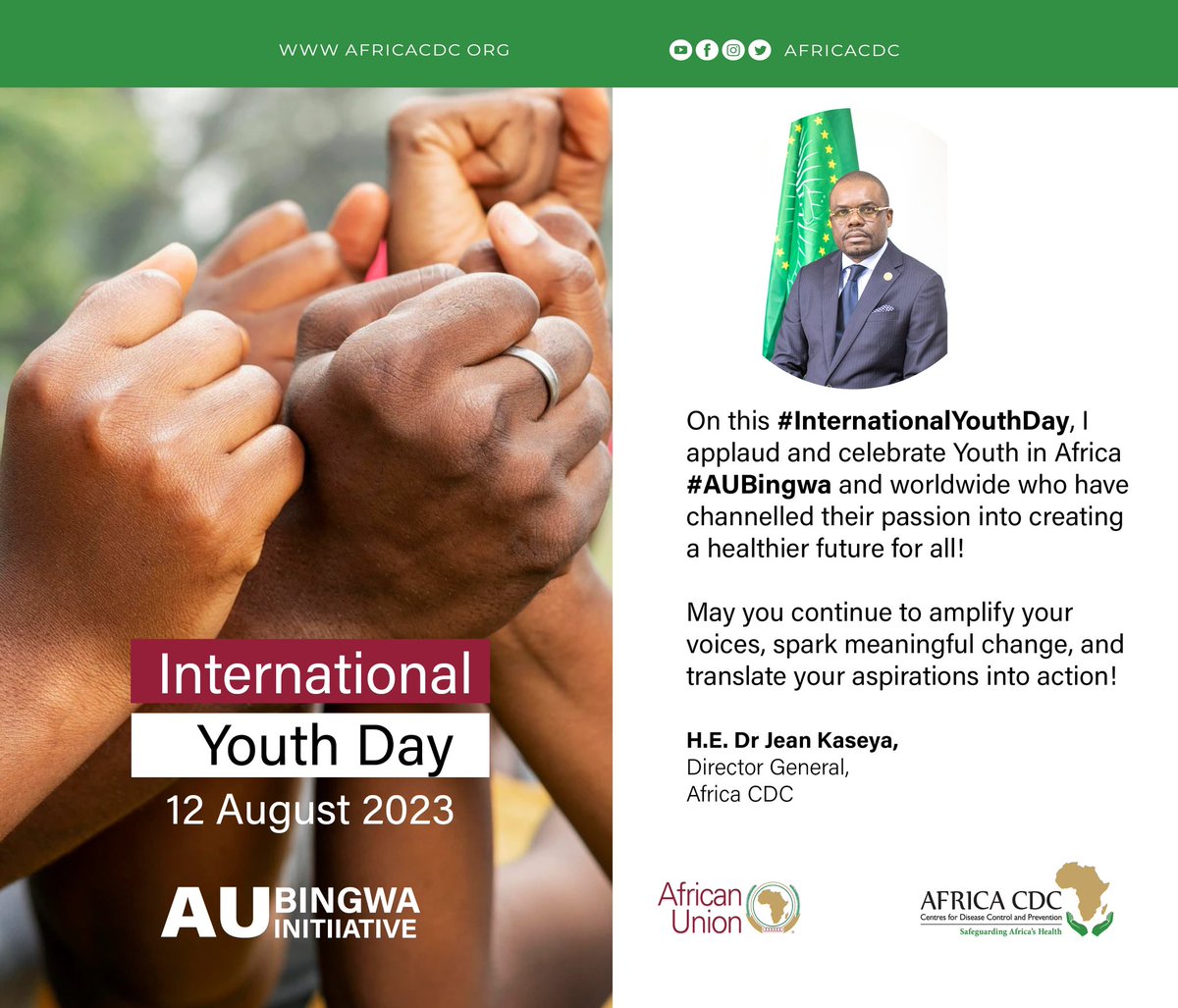 On this #InternationalYouthDay, I applaud and celebrate Youth in Africa @AUBingwa &amp; worldwide who have channelled their passion into creating a healthier future for all! May you continue to amplify your voices, spark meaningful change, and translate your aspirations into action!