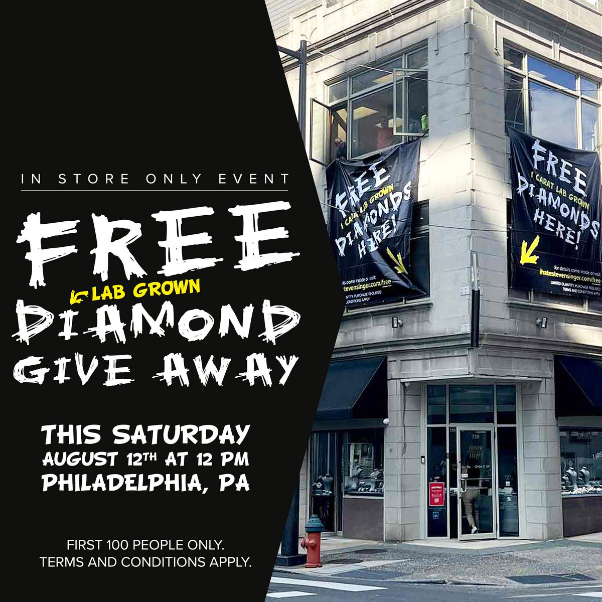 Guests are lining up RIGHT NOW! Steven Singer Jewelers is giving the first 100 guests TODAY a FREE 1/2ct Lab Grown Diamond! Starting at 12pm! No purchase required! Terms and Conditions Apply! ihatestevensinger.com/pages/free-dia…