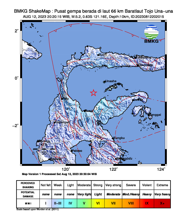 infoBMKG's tweet photo. #Gempa (UPDATE) Mag:5.2, 12-Agu-23 20:20:15 WIB, Lok:0.63 LS, 121.16 BT (Pusat gempa berada di laut 66 km Baratlaut Tojo Una-una), Kedlmn:10 Km Dirasakan (MMI) III-IV Ampana, III Poso #BMKG https://t.co/0JWQAmLwj7