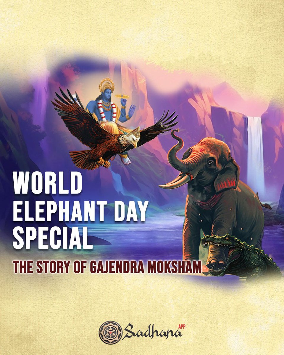 SadhanaApp's tweet photo. Today is #WorldElephantDay, a special day to honor and raise awareness for these magnificent animals. 

On this occasion, read the story of Gajendra Moksham, a tale of deep surrender and divine grace. https://t.co/BLaPDyl9Q4
