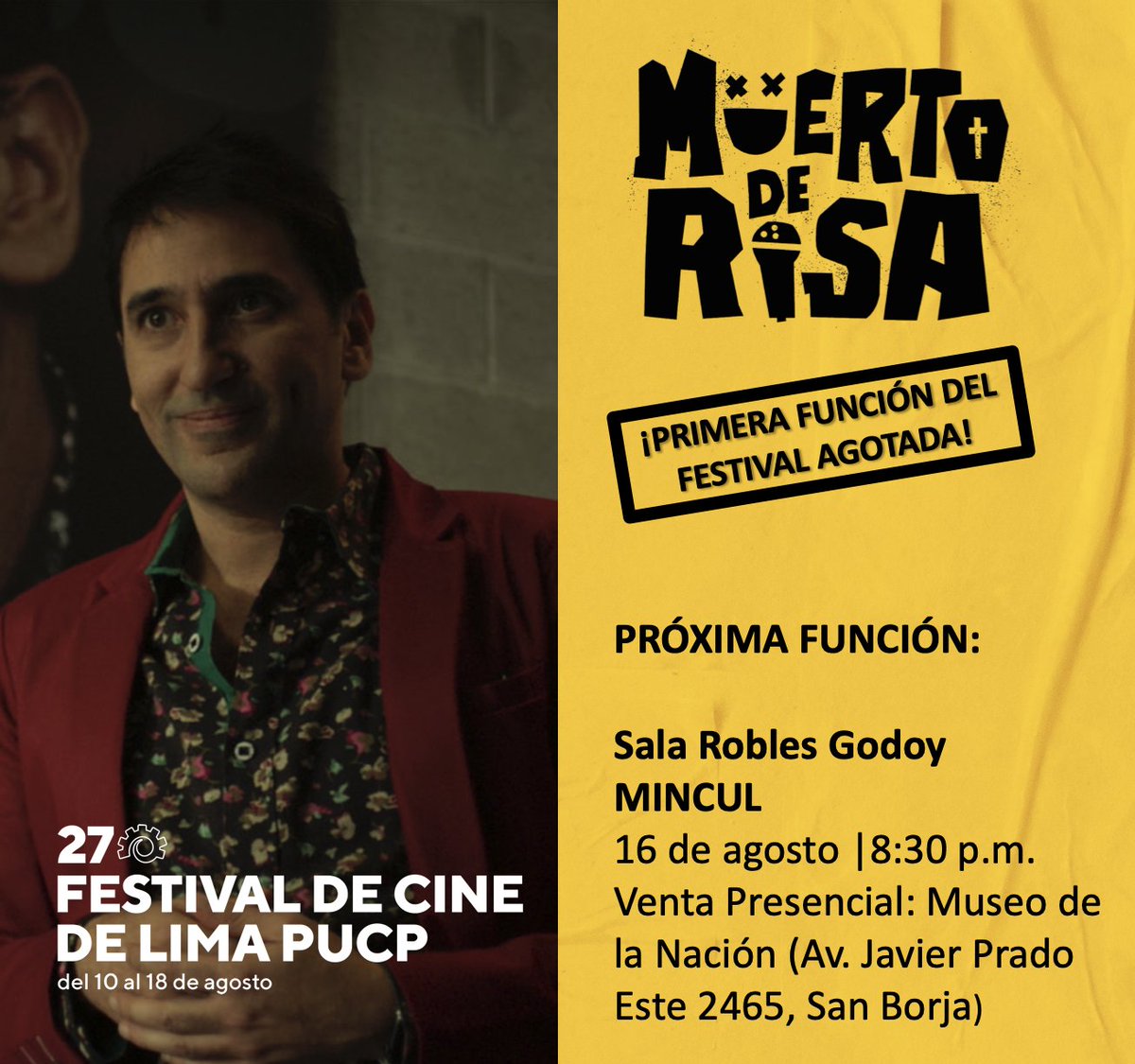 Los Cinéfilos (@loscinefilossrz) on Twitter photo ¡Gracias por llenar la sala y disfrutar tanto Muerto de Risa, en su primera función en el <a href="/festivaldelima/">Festival de Cine de Lima PUCP</a> ! ¡Fue muy emocionante ver a la gente tan conectada. Venta sólo presencial para la próxima:
de 10:00 a.m. a 12:30 p.m. y desde las 3:00 p.m. <a href="/RitterCesar/">Cesar Ritter</a> <a href="/miseliti/">Gisela Ponce de León</a> ¡Gracias por llenar la sala y disfrutar tanto Muerto de Risa, en su primera función en el <a href="/festivaldelima/">Festival de Cine de Lima PUCP</a> ! ¡Fue muy emocionante ver a la gente tan conectada. Venta sólo presencial para la próxima:
de 10:00 a.m. a 12:30 p.m. y desde las 3:00 p.m. <a href="/RitterCesar/">Cesar Ritter</a> <a href="/miseliti/">Gisela Ponce de León</a>