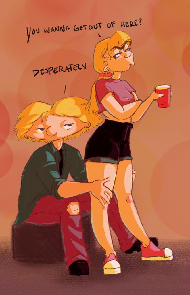 G4Geraldine's tweet photo. Headcanon: Helga and Arnold want to like parties, but don’t really like parties. So they spend all night side eyeing drama and waiting for the right moment to leave and make out in the alley before going to get diner food. https://t.co/LaTbyXl40P