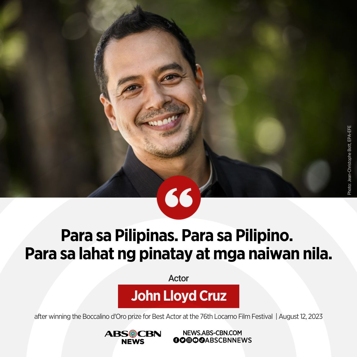 ABSCBNNews's tweet photo. Inialay ni John Lloyd Cruz sa bansa at mga Pilipino ang kaniyang pagkapanalo bilang Best Actor sa Locarno Film Festival sa Switzerland.

BASAHIN ang kaugnay na ulat: https://t.co/r9bbuDd4DH https://t.co/TI5gLijwcQ
