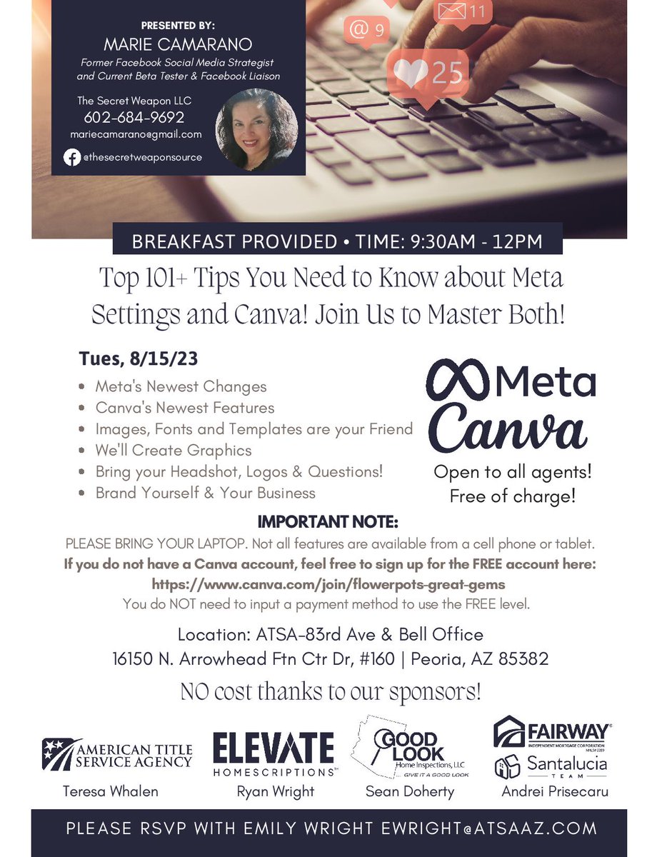 MarieCamarano's tweet image. After a short break, I&apos;m back on @X! Join us- @Meta and @canva class Tues 8/15. Details below. 👇 #classes #metaclass #phoenixaz #az #Realtors #Entrepreneurs