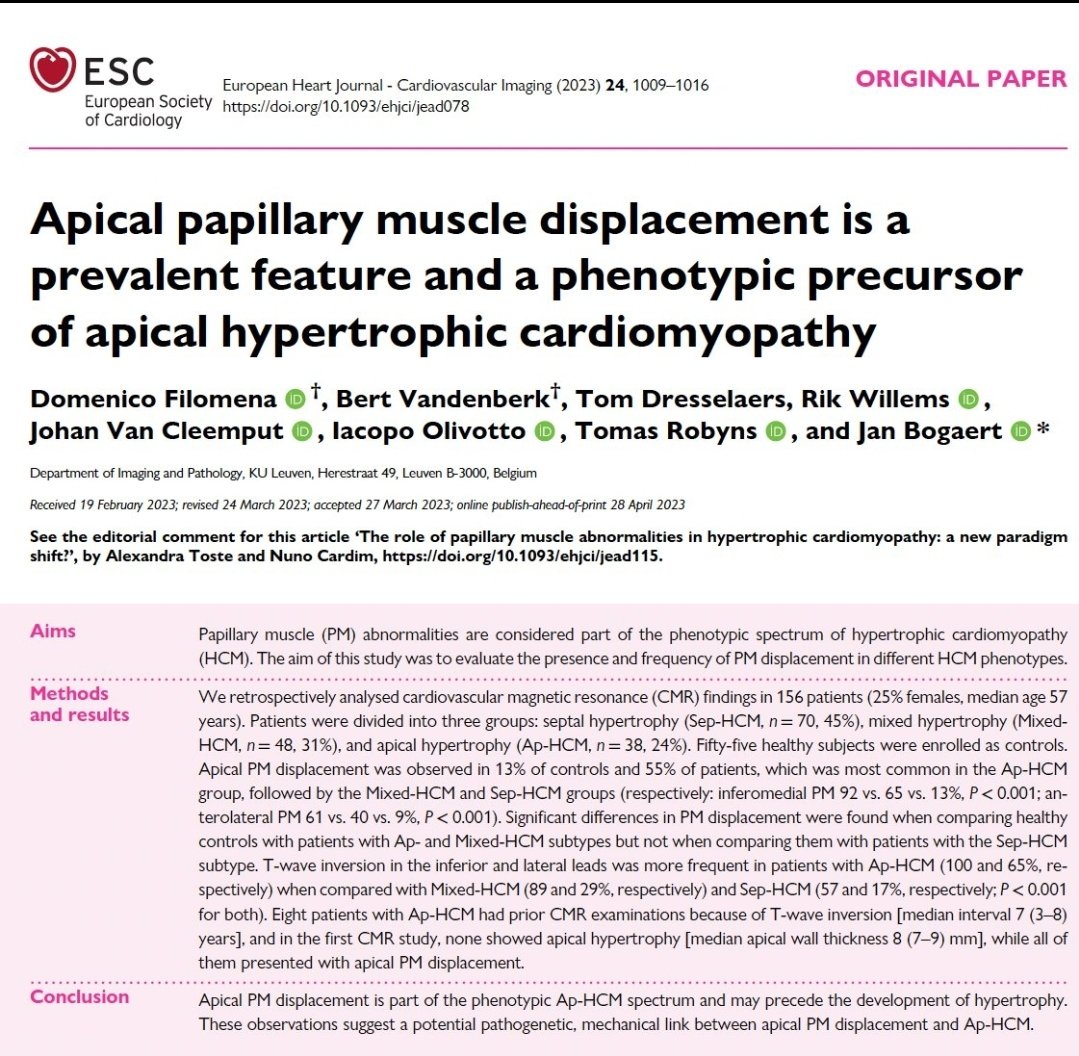MM_Furqan's tweet photo. ⭐️ Apical papillary muscle displacement is a prevalent feature and a phenotypic precursor of apical hypertrophic cardiomyopathy.

✅️ It may even precede the development of hypertrophy

💡 There may be a a potential pathogenetic, mechanical link between both entities. 

Read the full article here:
https://t.co/5fXlGsTVvJ

#CardioTwitter @CardioX #CardioEd @ESC_Journals