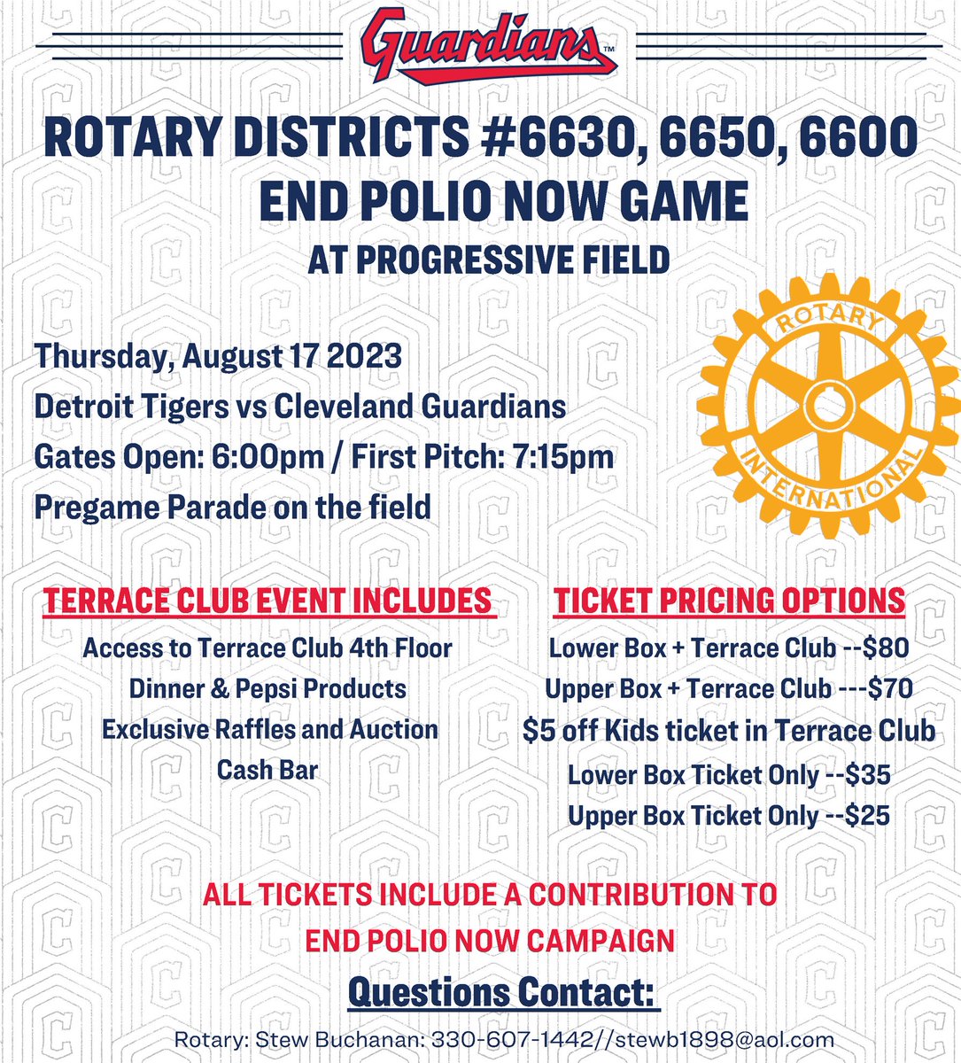 Join your fellow NE Ohio Rotarians by enjoying a summer baseball game AND helping to eradicate polio on Thursday, August 17 2023 when the Detroit Tigers vs Cleveland Guardians! Learn more here: 
 
bit.ly/3OubgTx 

#Rotary #EndPolio #TogetherWeEndPolio #Cleveland