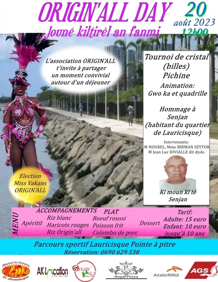 HDurimel's tweet image. 🟢 [ORIGIN'All DAY : Jouné kiltirèl an fanmi]

📆 Dimanche 20 Août 2023
⏰A partir de 12h00
📍Parcours Sportif de Lauricisque

L'Association Origin'All et ses partenaires présentent l'Origin'All DAY ce Dimanche 20 Août. 

#AssociationPointoise #OriginAll #ActeurAssociatif