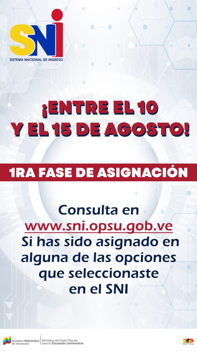 ¡Atención! 

Si te registraste en el Sistema Nacional de Ingreso 2023, podrás conocer la opción a la que fuiste asignado.

Entre el 10 y 15 de agosto de 2023.

 #JóvenesValientes