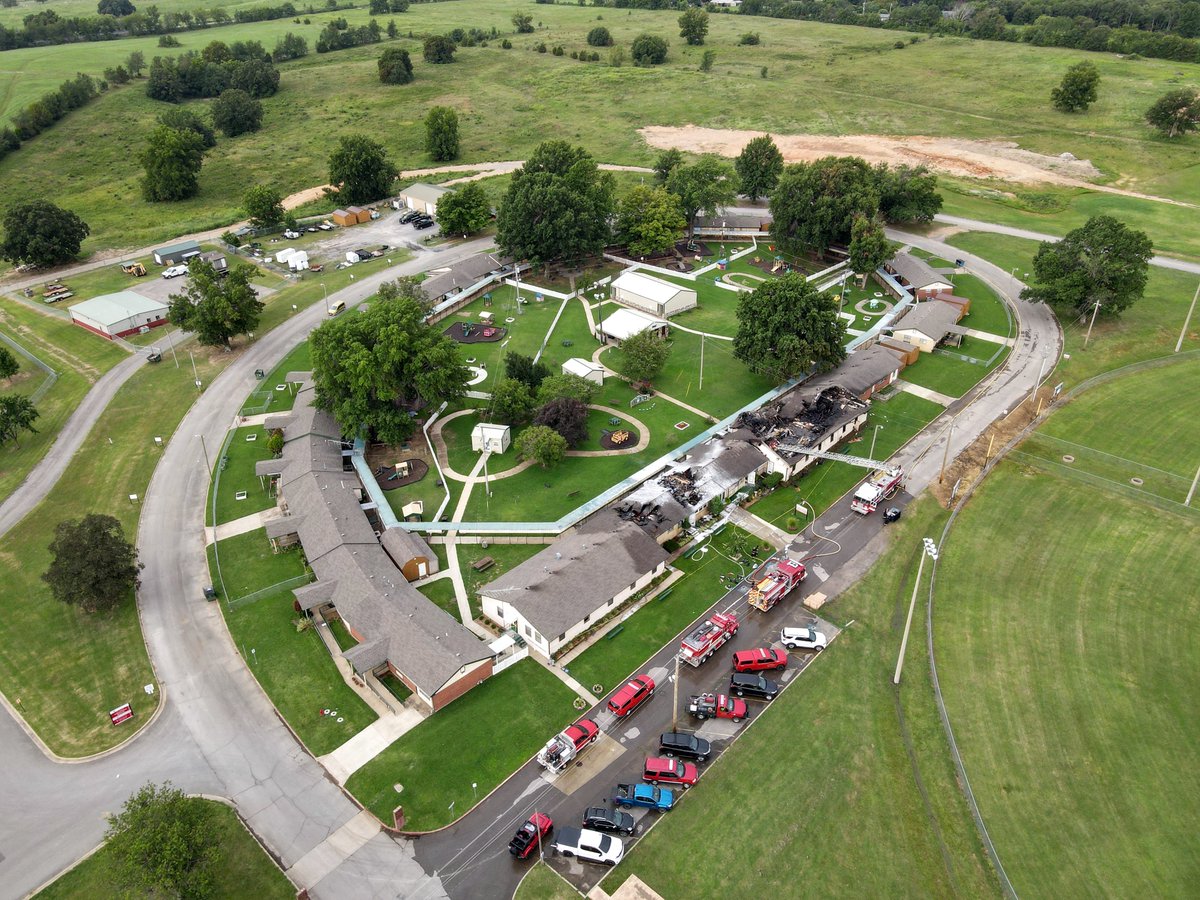 Fire teams still working on the smoldering remains of a fire at Cherokee Nation Complex last night. 
<a href="/CityofTahlequah/">City of Tahlequah</a> #CherokeeNation #CherokeeCounty