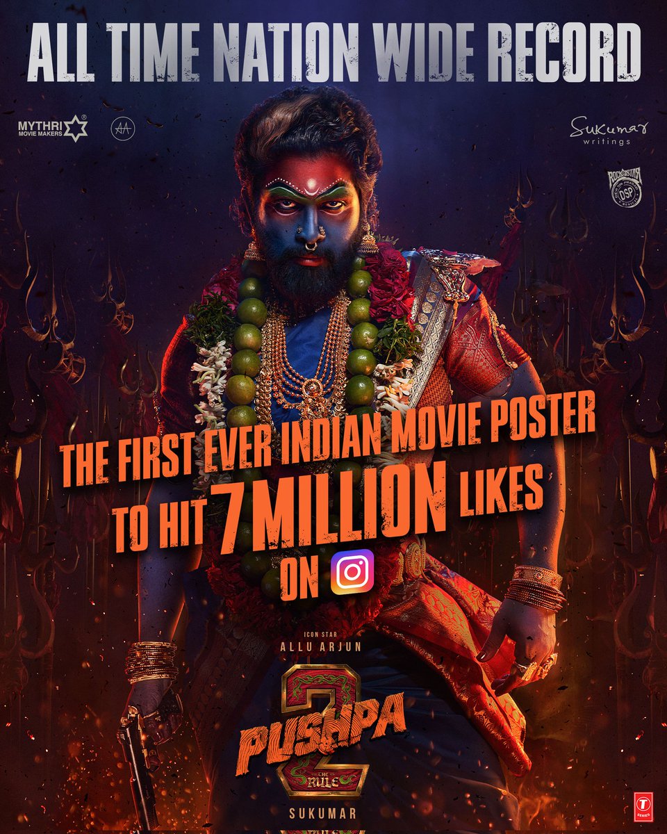 MythriOfficial's tweet photo. Icon Star @alluarjun's NATIONWIDE RULE 🔥🔥

#Pushpa2TheRule First Look creates a sensational record ❤‍🔥❤️‍🔥

Becomes the first-ever Indian first look poster to hit 7 MILLION LIKES on Instagram 💥💥

@iamRashmika @aryasukku @ThisIsDSP #FahadhFaasil @SukumarWritings @PushpaMovie @TSeries