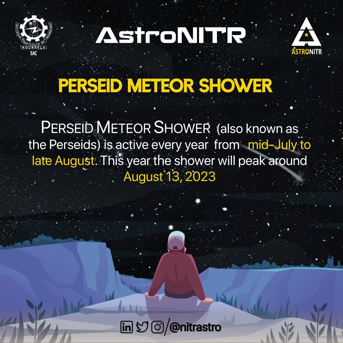AstroNITR's tweet photo. Beneath a cascade of meteors, we pondered our place in the cosmos. A night of celestial wonder. 

Lost in wonder on the night of the 13th August, as we witness the ethereal ballet of the Perseid Meteor Shower. https://t.co/R1VpZARtCW