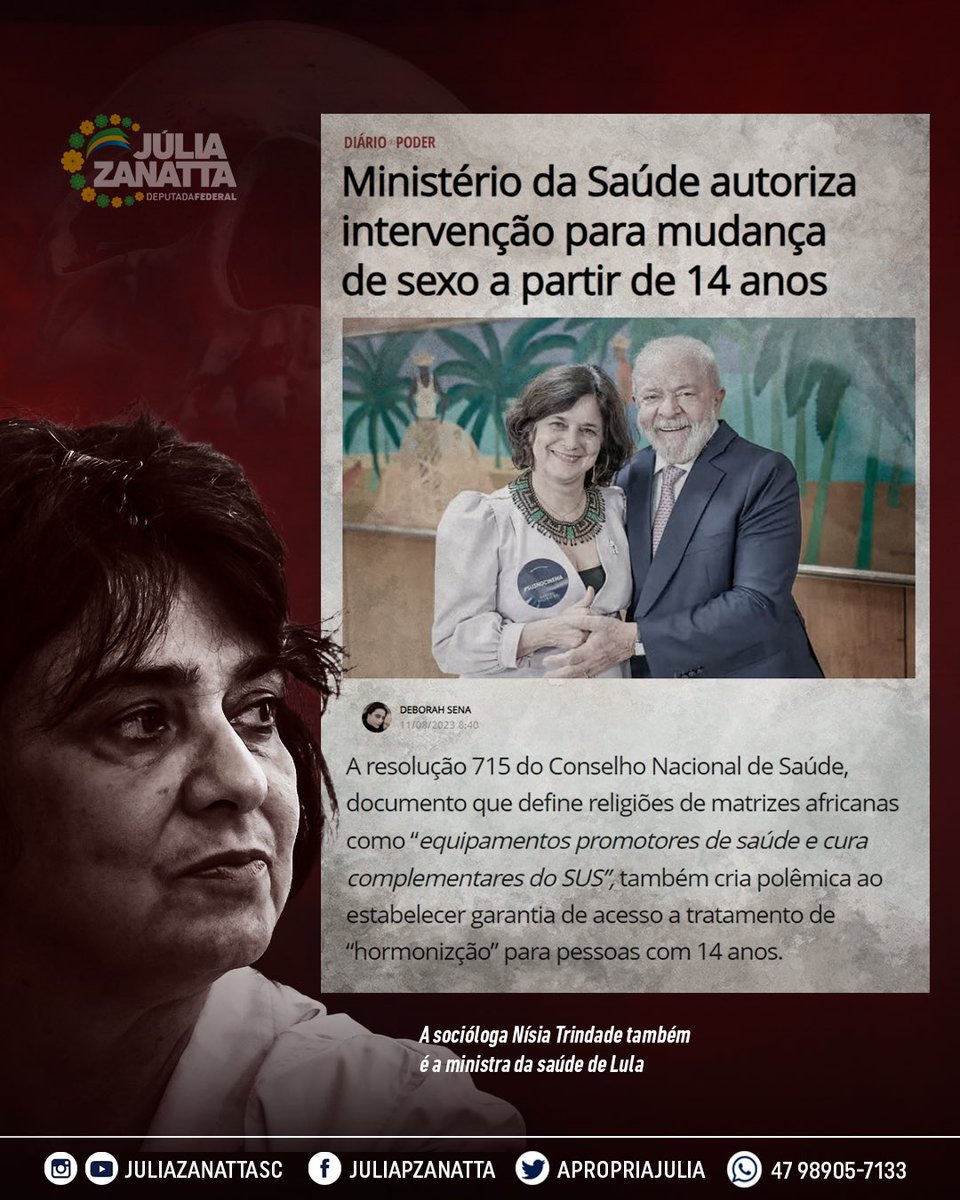 apropriajulia's tweet image. GOVERNO LULA REDUZ IDADE PARA CRIANÇA RECEBER HORMÔNIO DE “TRANSIÇÃO DE GÊNERO”

Sou coautora de um Projeto de Decreto Legislativo para sustar, em sua integridade e em seus efeitos, a Resolução no 715, de 20 de julho de 2023, do Conselho Nacional de Saúde que, entre outros temas,