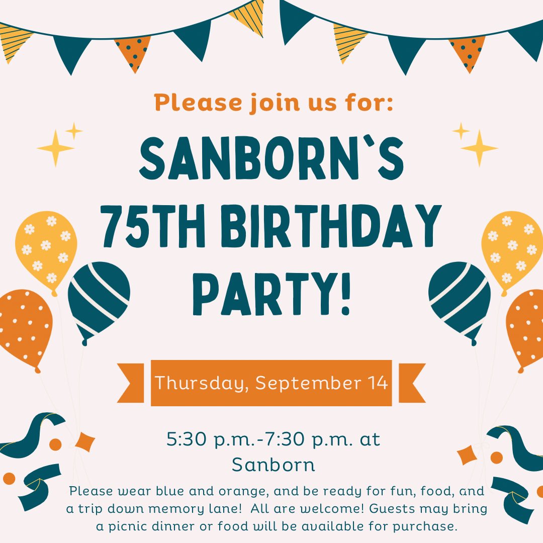 SanbornTigers's tweet photo. We can’t wait to celebrate Sanborn’s 75th Birthday with all of you! https://t.co/UiFAU7zCkK
