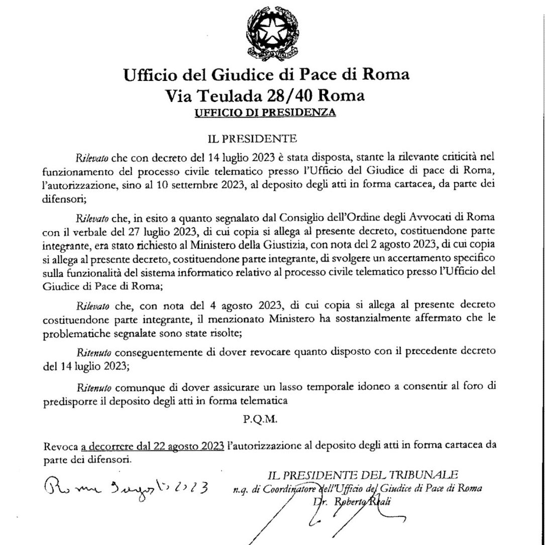 GIUDICE DI PACE DI ROMA, SETTORE CIVILE: DAL 22 AGOSTO 2023 IL DEPOSITO DI ATTI E DOCUMENTI SOLO IN MODALITA' TELEMATICA.
 Leggi tutto qui: ordineavvocatiroma.it/giudice-di-pac…