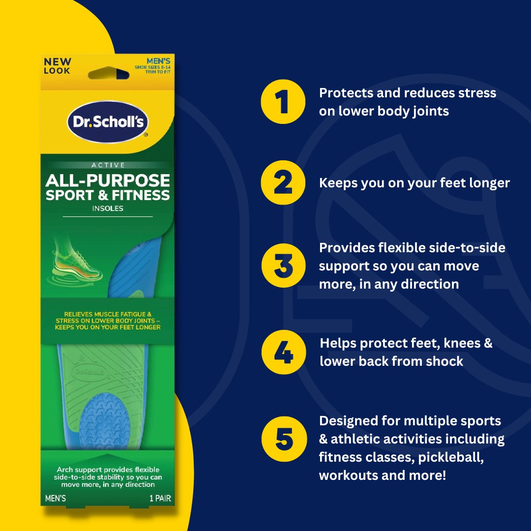 Don't spend the end of summer in pain--add some support! Dr. Scholl's® All-Purpose Sport and Fitness Insoles: 👣Protect and reduce stress on joints 👣Keep you on your feet longer 👣Help protect feet, knees & lower back from shock fal.cn/3AGQh #DrScholls101