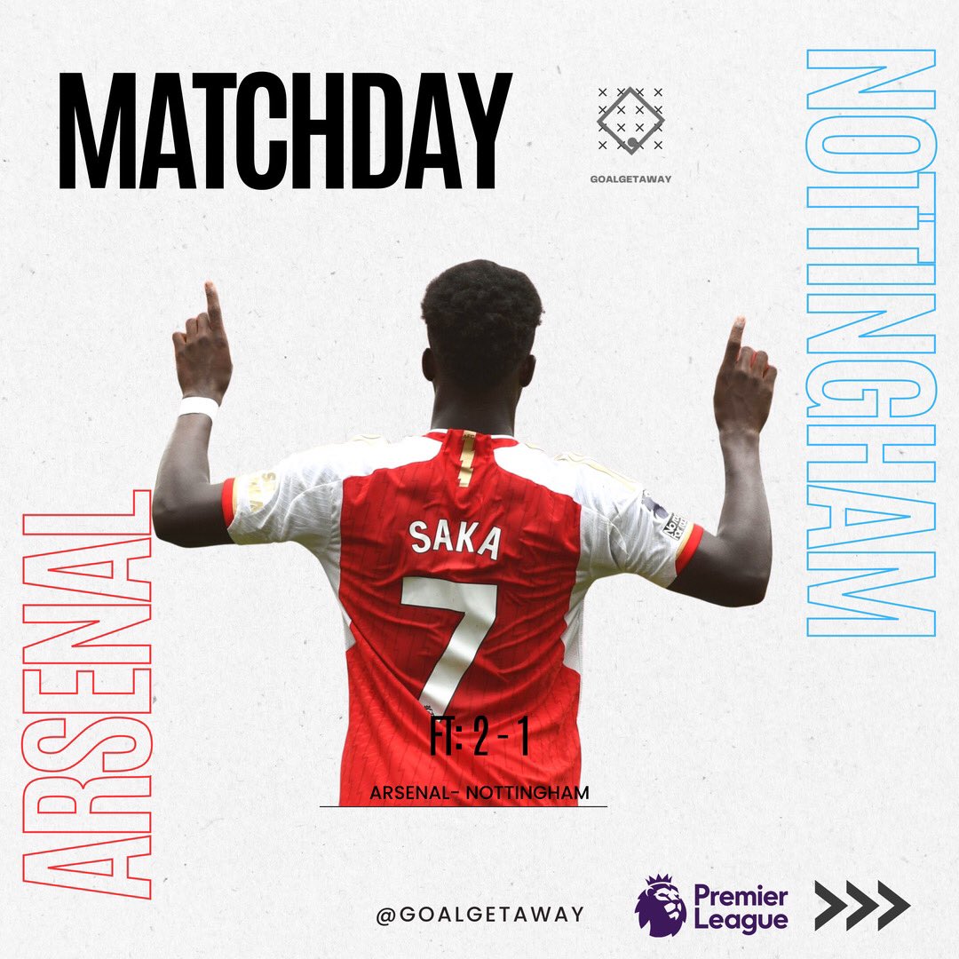 goalgetaway's tweet photo. 🚨Finaltime
🔴 Arsenal 2 - 🔵 Nottingham Forest 1
26’ Nketiah E.
33’ Saka B.
82’ Awoniyi T.
#Saka #FinalTime #Arsenal #Nottingham #ArsenalNottingham #goalgetaway https://t.co/IRLgQlU9a0