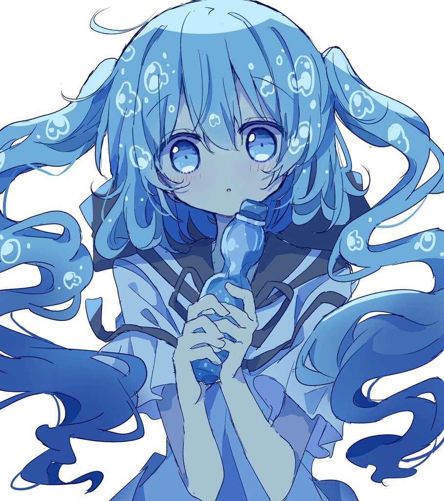 hatsune miku 1girl solo blue eyes holding ramune long hair white background  illustration images