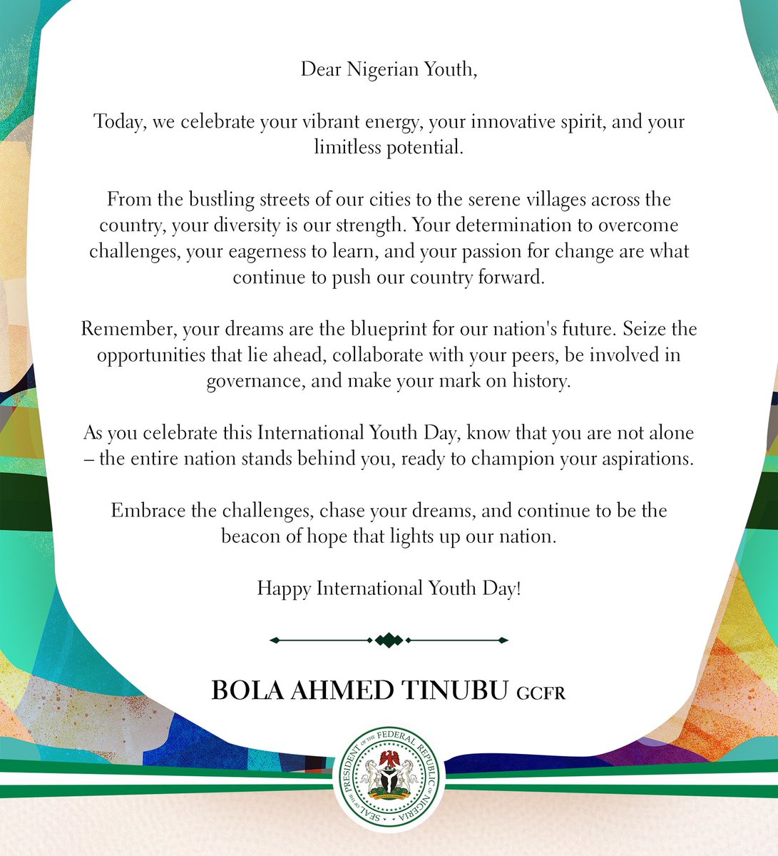 As you celebrate this International Youth Day, know that you are not alone – the entire nation stands behind you, ready to champion your aspirations.

Embrace the challenges, chase your dreams, be involved, and continue to be the beacon of hope that lights up our nation.

Happy