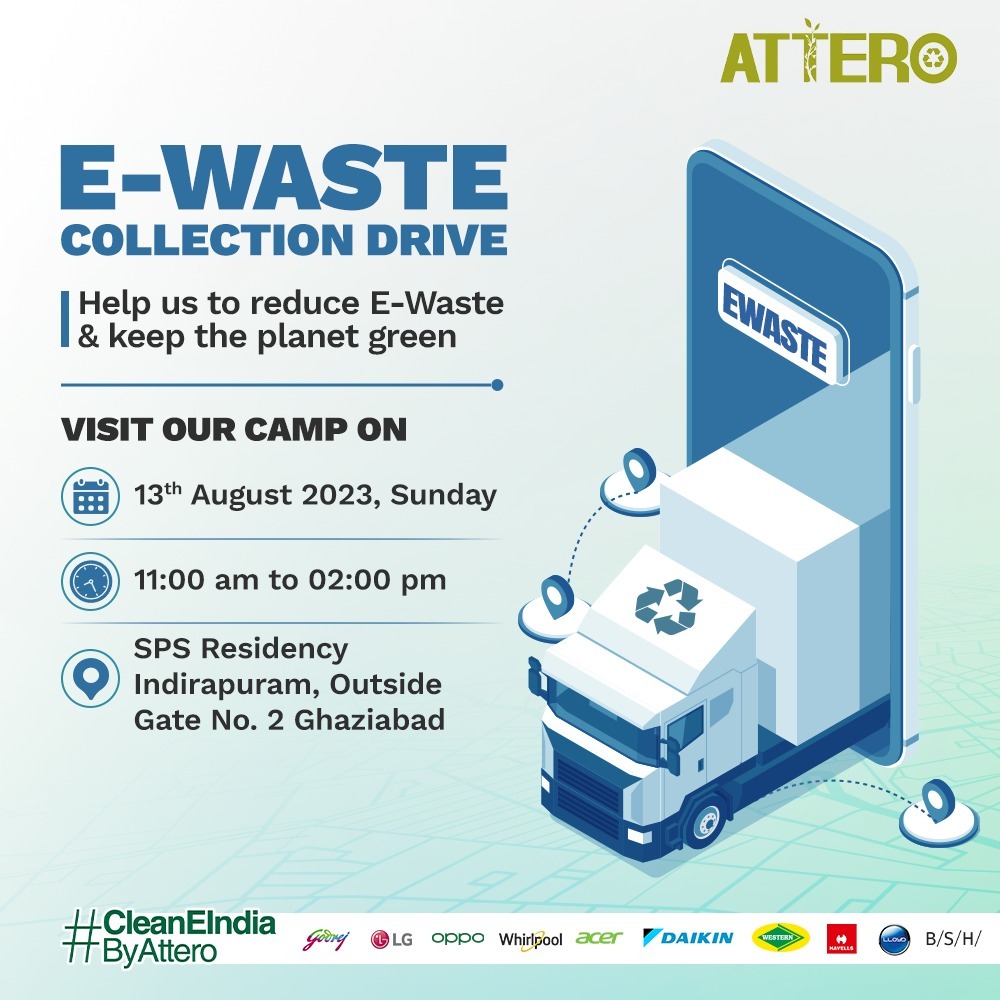 AtteroIndia's tweet photo. Dedicate your used electronics to a sustainable cause by donating them for recycling at Attero's E-waste collection drive at Ghaziabad on Sunday, 13th August, from 11 am to 2 pm.
#Attero #Ghaziabad #CollectionDrive #RecyclingSolution #RecyclingTechnology #CollectionDrive #EWaste https://t.co/OJCNIrJEha