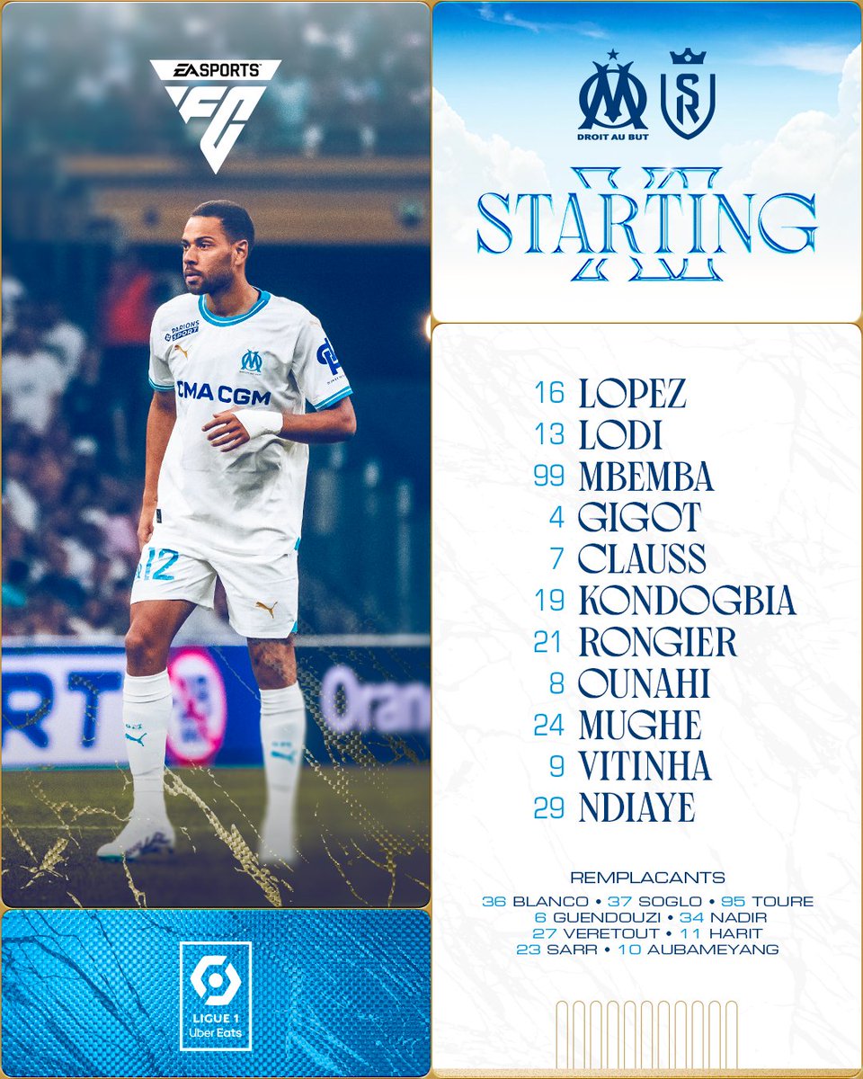 📋 STARTING XI | #OM v <a href="/StadeDeReims/">Stade de Reims</a> 

Here's Marcelino's first Ligue 1 line-up ✨

#OMSDR | ⚪️🔵