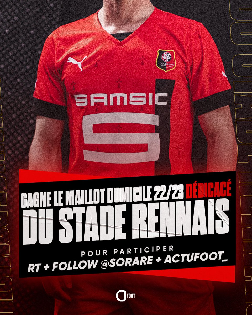 🎁 𝗔̀ 𝗚𝗔𝗚𝗡𝗘𝗥 : le maillot du Stade Rennais 𝗗𝗘́𝗗𝗜𝗖𝗔𝗖𝗘́ par toute l’équipe. ✍️❤️🖤 Pour tenter de gagner ce cadeau exceptionnel : 🔁 RT + FOLLOW @Sorare & @ActuFoot_ 🍀 Tirage au sort lundi 21 août.