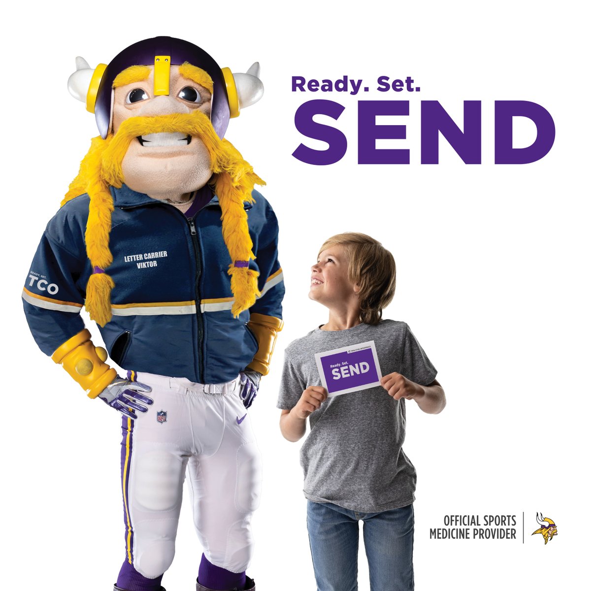 twincitiesortho's tweet photo. Our friend @ViktorTheViking is rocking a new uniform for @Vikings Training Camp!

We’ve teamed up with Viktor to send handwritten letters and drawings from fans to their all-time favorite Vikings. Visit our activation and be a part of this unforgettable experience. #ReadySetSend https://t.co/fyFEV2MRpE