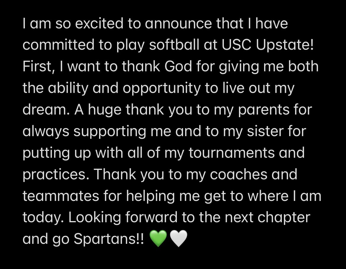 I am so excited to announce my commitment to <a href="/UpstateSoftball/">USC Upstate Softball</a> to further my academic and athletic career! Go Spartans!! <a href="/HawkinsChawkins/">Upstate Softball</a> <a href="/Coach_TMeds/">Tonya Medders</a> <a href="/PACKUPSTATE/">bryan pack</a> <a href="/UnityBridger/">Unity Bridger 2024</a> <a href="/Softball_Wolves/">Wesleyan Softball</a> <a href="/CSA_Athletes/">Collegiate Sports Advocate (CSA)</a>