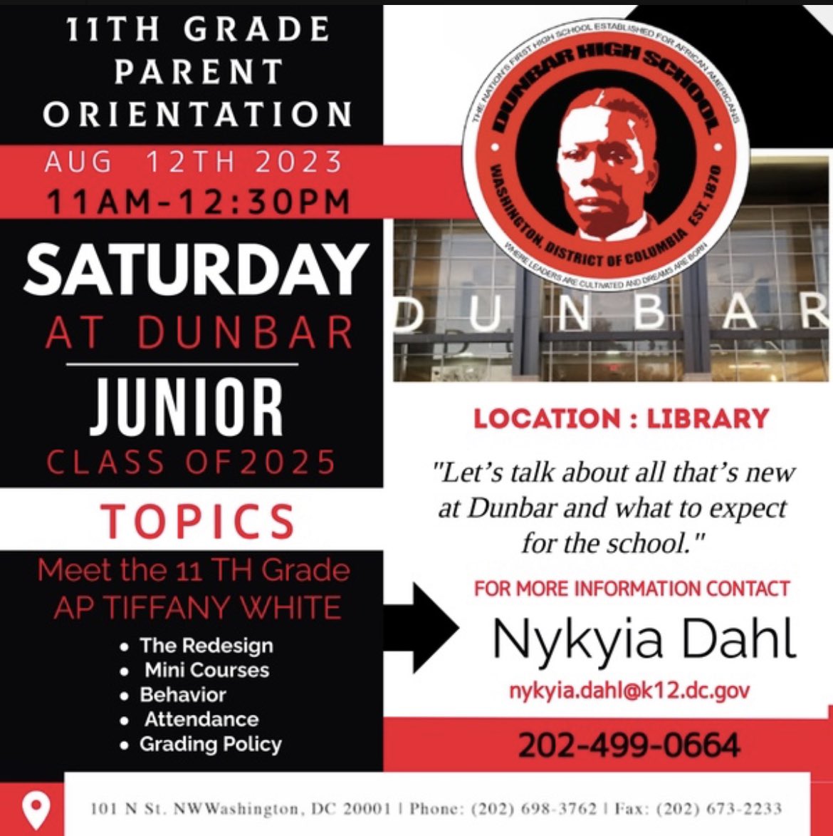DunbarHSDC's tweet image. Join us on TODAY from 11am-12:30pm to discuss the upcoming school year! 🔴⚫️
#EverydayAtDunbar #WeWorkForKids