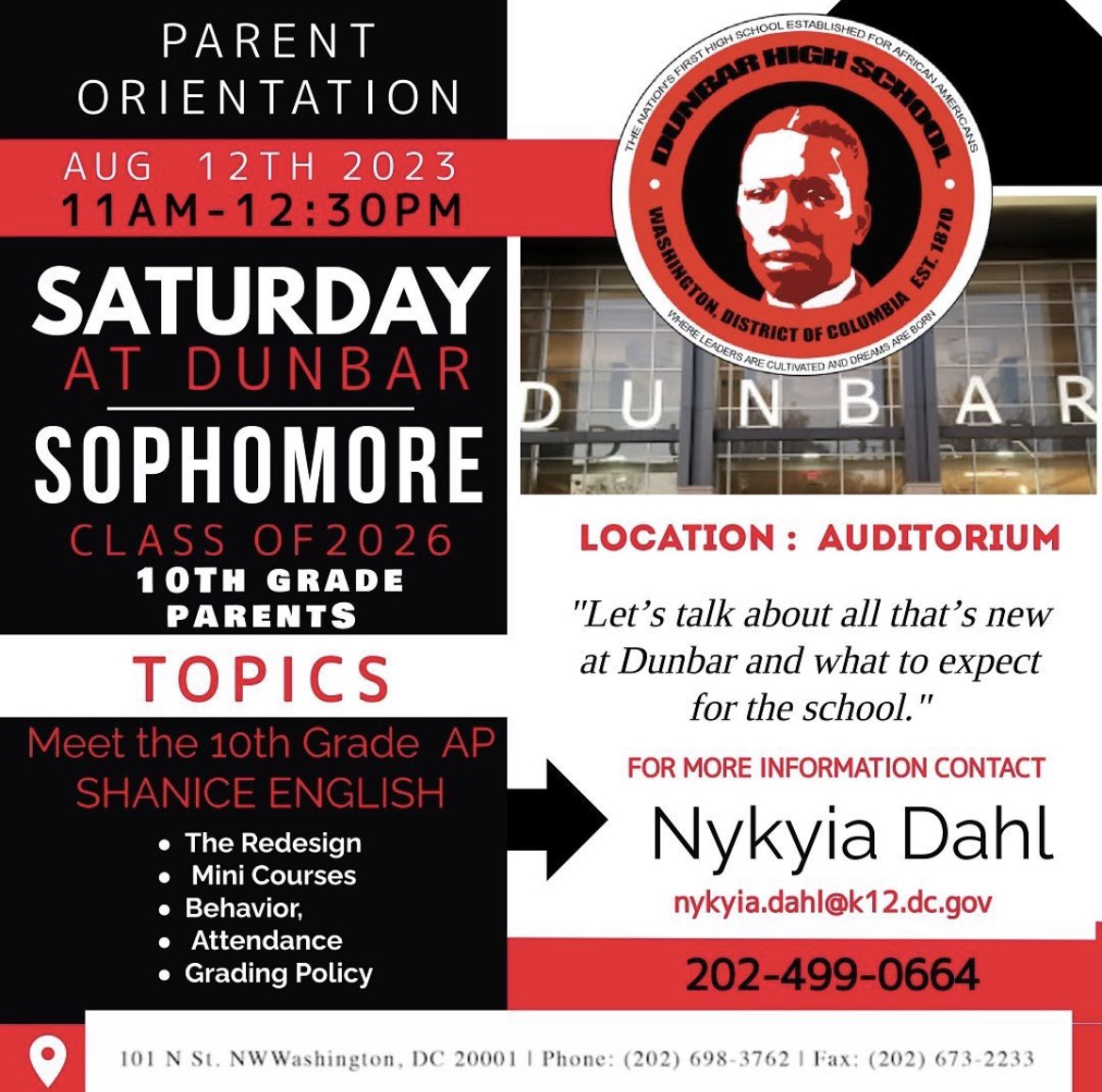 DunbarHSDC's tweet image. Join us on TODAY from 11am-12:30pm to discuss the upcoming school year! 🔴⚫️
#EverydayAtDunbar #WeWorkForKids