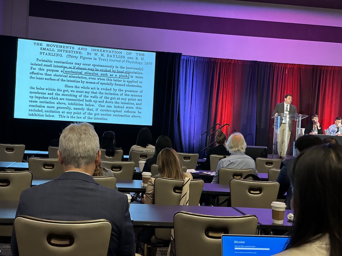 KristenSEdwards's tweet image. ⁦@BeyderLab⁩ sharing his “Gut Feeling” on the importance of mechanical forces to execute GI function and highlighting this reference from the OG’s-Bayliss and Starling-who laid down the “law of the intestine” ⁦@ANMSociety⁩ ⁦@ENSP_mayo⁩ #ANMS23