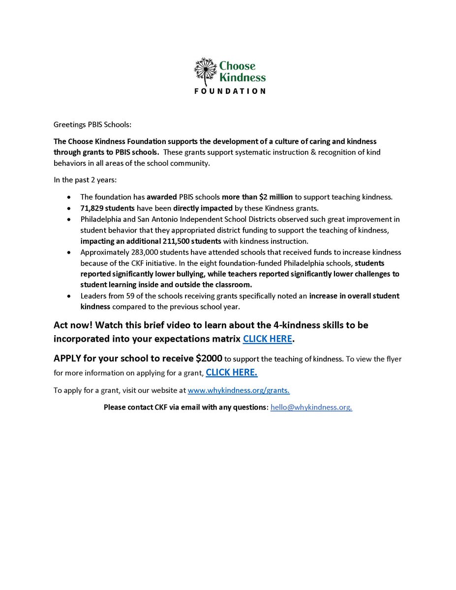 Hey PBIS schools: $2000 to infuse kindness into your Tier 1 systems from the Choose Kindness Foundation! whykindness.org/grants #pbis #kindness