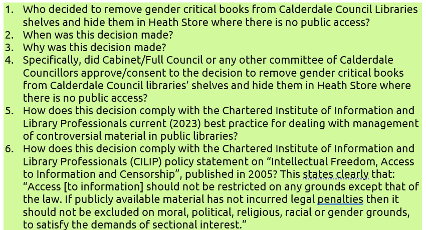 WRNCalderBradf's tweet photo. Here is our list of FOIs regarding the removal of gender critical books from the shelves of @CMBClibraries.
Thanks to our member Jenny G for sending these on our behalf... #LetWomenRead https://t.co/sYN15AkDnv