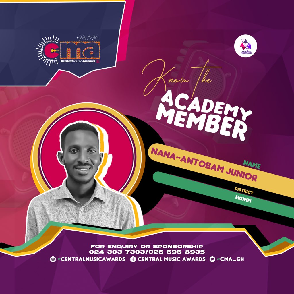 2022 Central Music Awards Blogger of the Year,  Nana-Antobam Junior is our academy representative for EKUMFI DISTRICT. 

NB: Entries for nomination into <a href="/CMA_Gh/">𝐂𝐞𝐧𝐭𝐫𝐚𝐥 𝐌𝐮𝐬𝐢𝐜 𝐀𝐰𝐚𝐫𝐝𝐬 2025</a>  2023 open on Monday, 28th August 2023. 

The <a href="/CMA_Gh/">𝐂𝐞𝐧𝐭𝐫𝐚𝐥 𝐌𝐮𝐬𝐢𝐜 𝐀𝐰𝐚𝐫𝐝𝐬 2025</a> is powered by <a href="/heritagepromogh/">Heritage Promotions</a> 

#CMA23 #PlayTheMusic