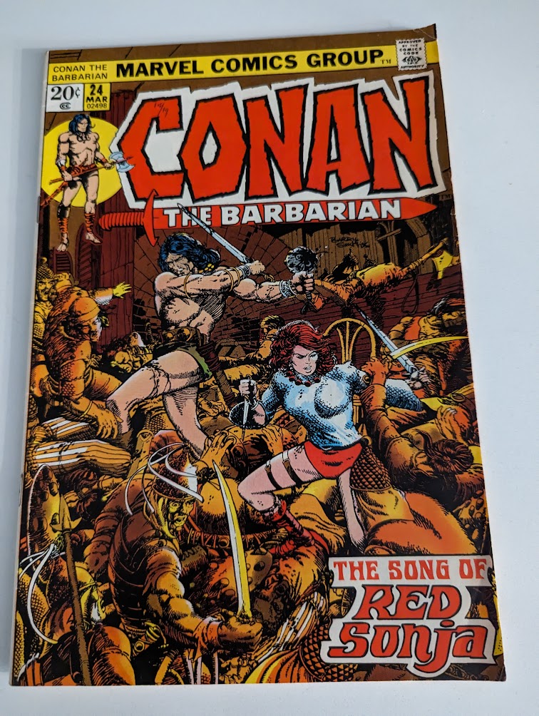 WolbertJames's tweet photo. Jimmy's Recent Purchase: #ConanTheBarbarian. Issue 24. #RoyThomas, writer. #BarrySmith, artist. This is the last issue by Mr Smith on this series. It is also the introduction of #RedSonya. As some times women do, Sonya manipulates Conan for her to receive an ancient prize. https://t.co/FC2SU2EhtG