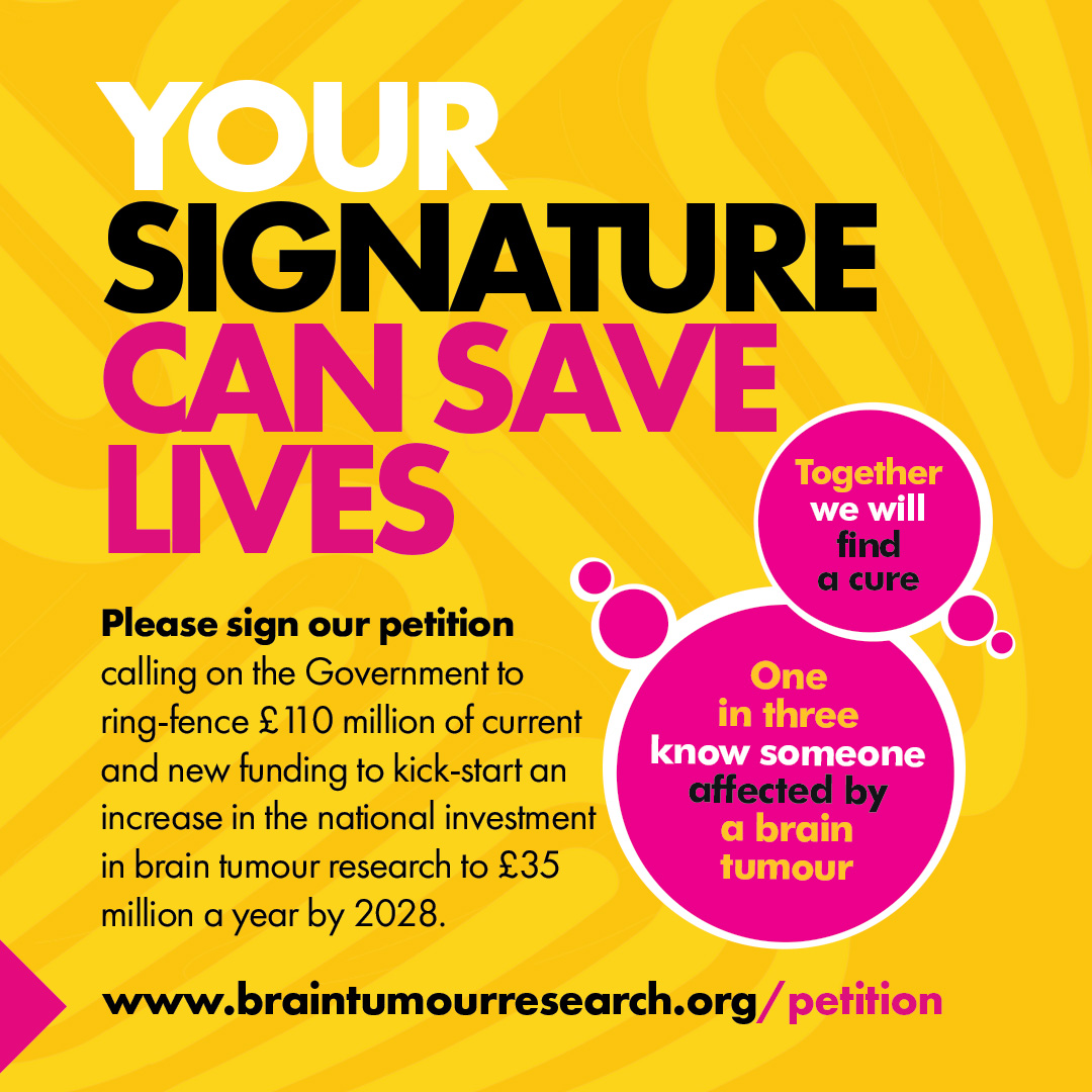 Want to be part of something bigger than yourself? ✨ Sign our petition for increased Government funding and help us hit our target of 100,000 signatures. It takes under a minute! Sign up now ➡️ bit.ly/3NwBvIA #cancerawareness #braintumor #cancer