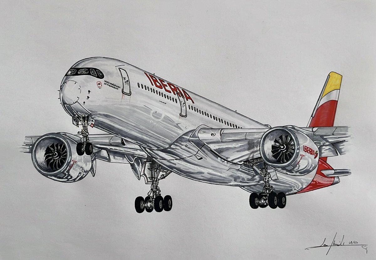 aerodrawing's tweet photo. Buenas tardes! 
#sabado 

Llego al fin de semana con esta nueva ilustración de este fantástico #a350 de @iberia segundos antes de tocar tierra en @barajasairport. https://t.co/mTBrhFRJFx